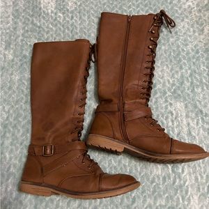 Cognac knee high lace up boots